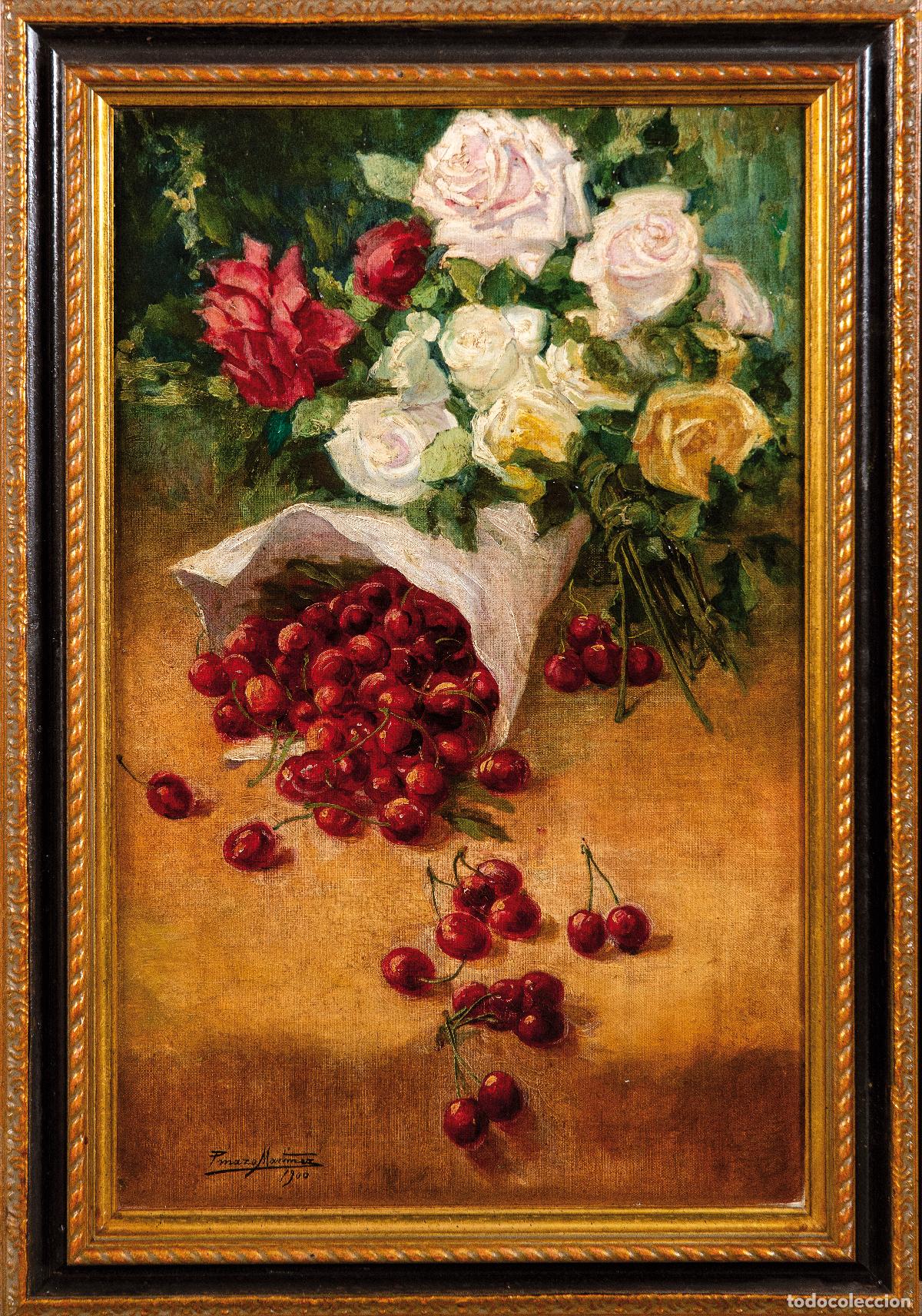 Arte: Bodeg&oacute;n de rosas y cerezas &oacute;leo sobre lienzo Jos&eacute; Pinazo Mart&iacute;nez firmado y fechado en 1900