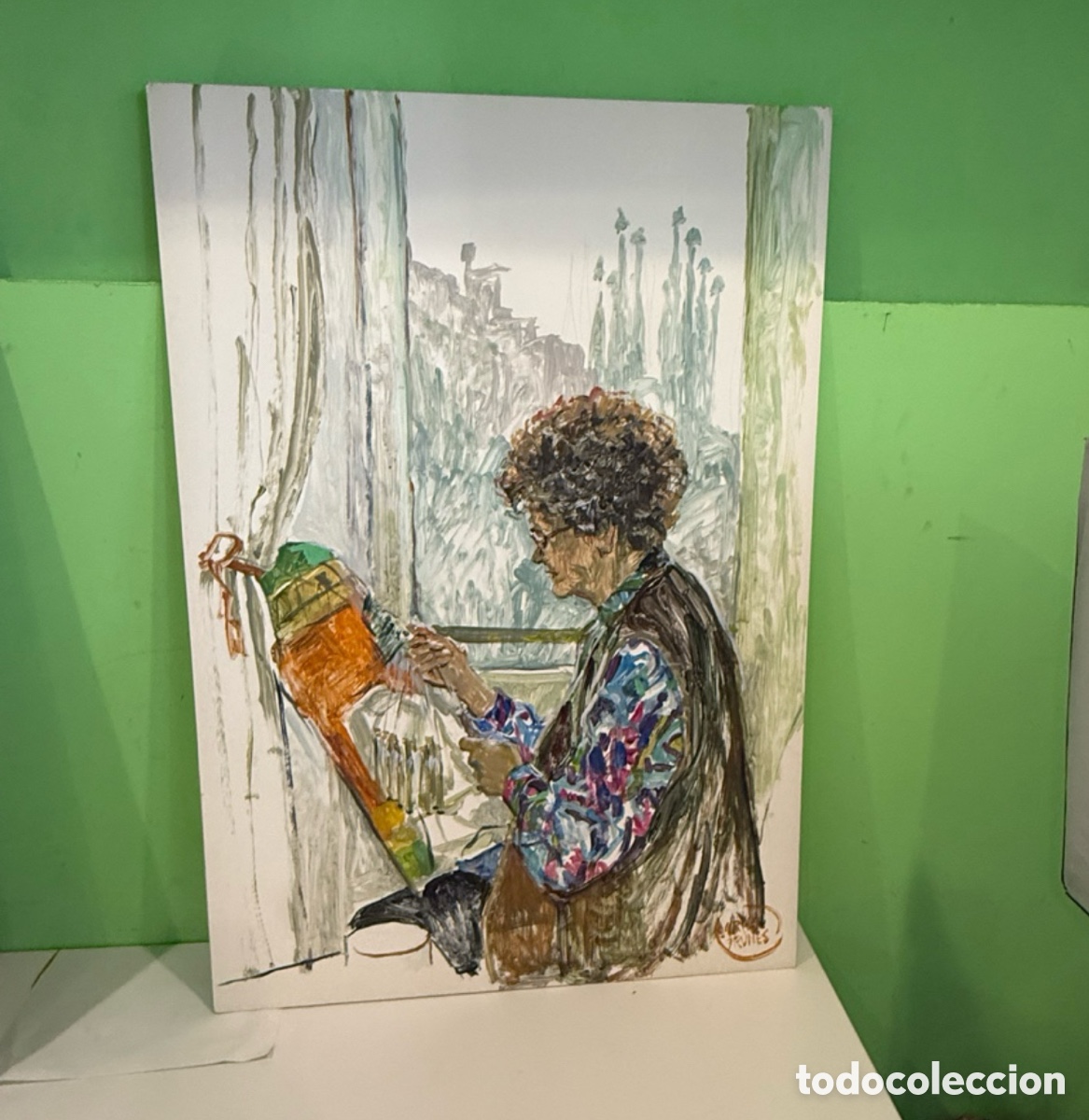 Kunst: Carles Prun&eacute;s &ndash; Mujer cosiendo junto a la ventana con la Sagrada Familia (100 &times; 70 cm)
