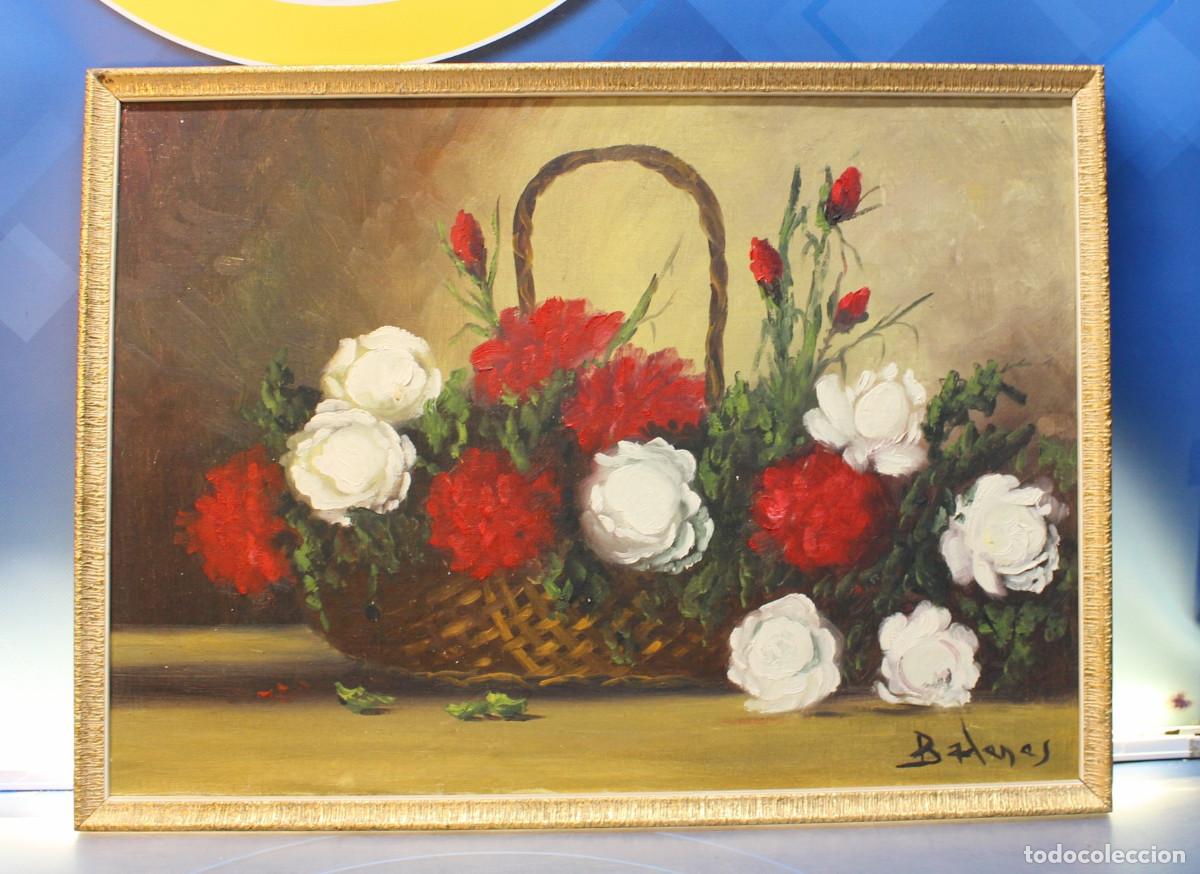 Art: Cesta de claveles. Bodeg&oacute;n. &Oacute;leo sobre lienzo. Juan Badenes Miralles.