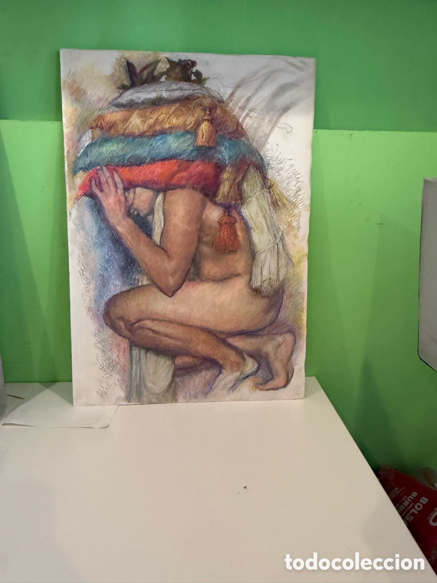 Kunst: Carles Prun&eacute;s (1937-2017) &ndash; Desnudo femenino con cojines &ndash; Acuarela original firmada (100 &times; 70 cm)