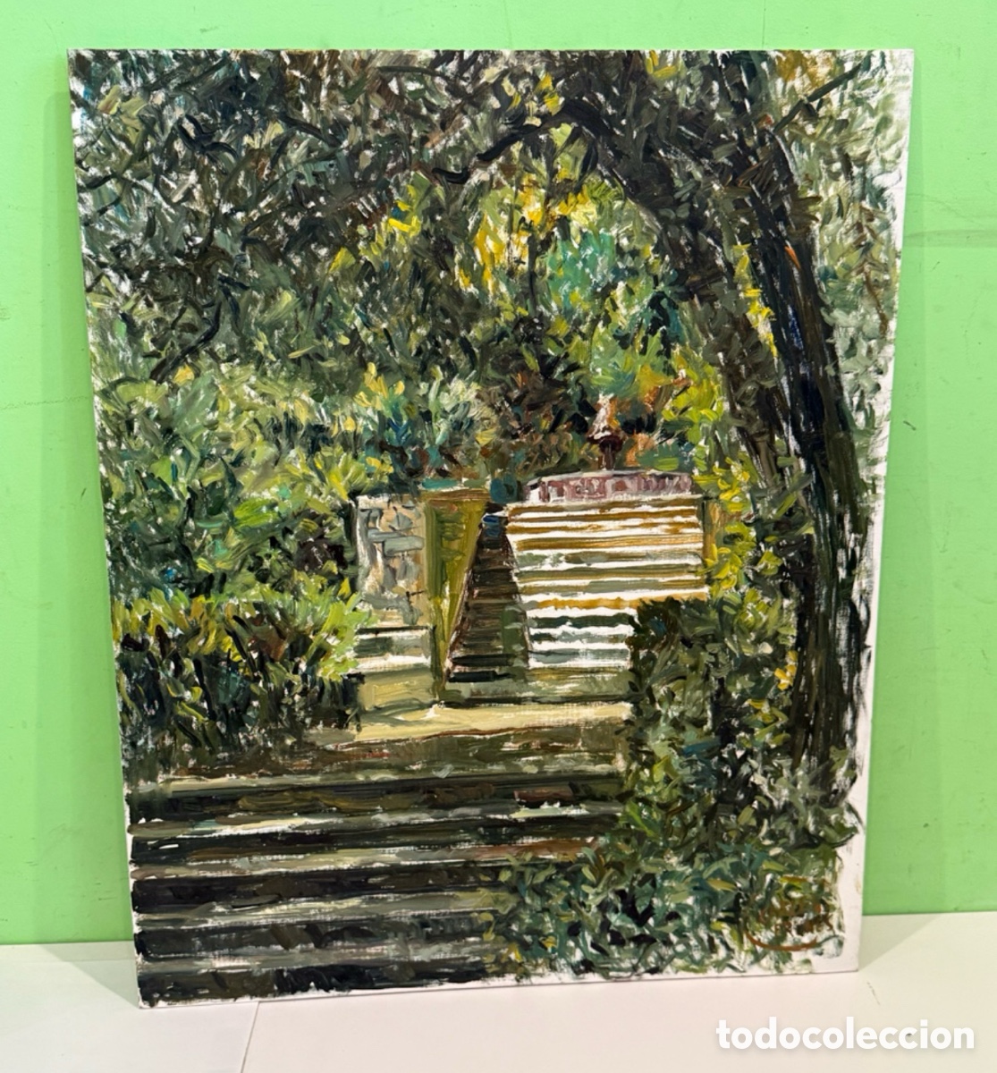 Arte: Carles Prun&eacute;s (1937-2017) &Oacute;leo sobre tablex &ndash; Jard&iacute;n con escalinata firmado 61 &times; 50 cm