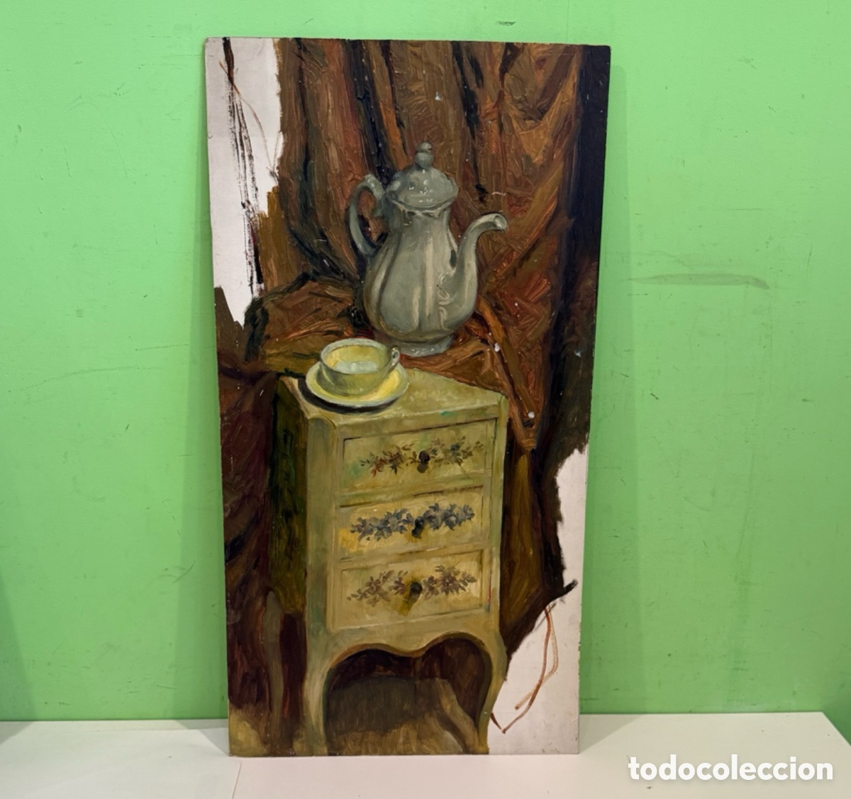 Arte: Carles Prun&eacute;s (1937-2017) &Oacute;leo sobre tablex firmado &ndash; Bodeg&oacute;n con cafetera 71 &times; 37 cm