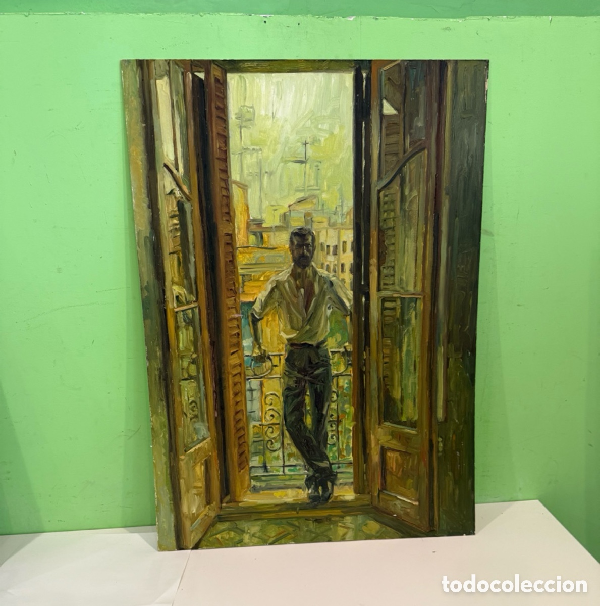 Kunst: Carles Prun&eacute;s (1937-2017) &Oacute;leo sobre tablex &ndash; Figura en balc&oacute;n de Barcelona 75 &times; 53 cm