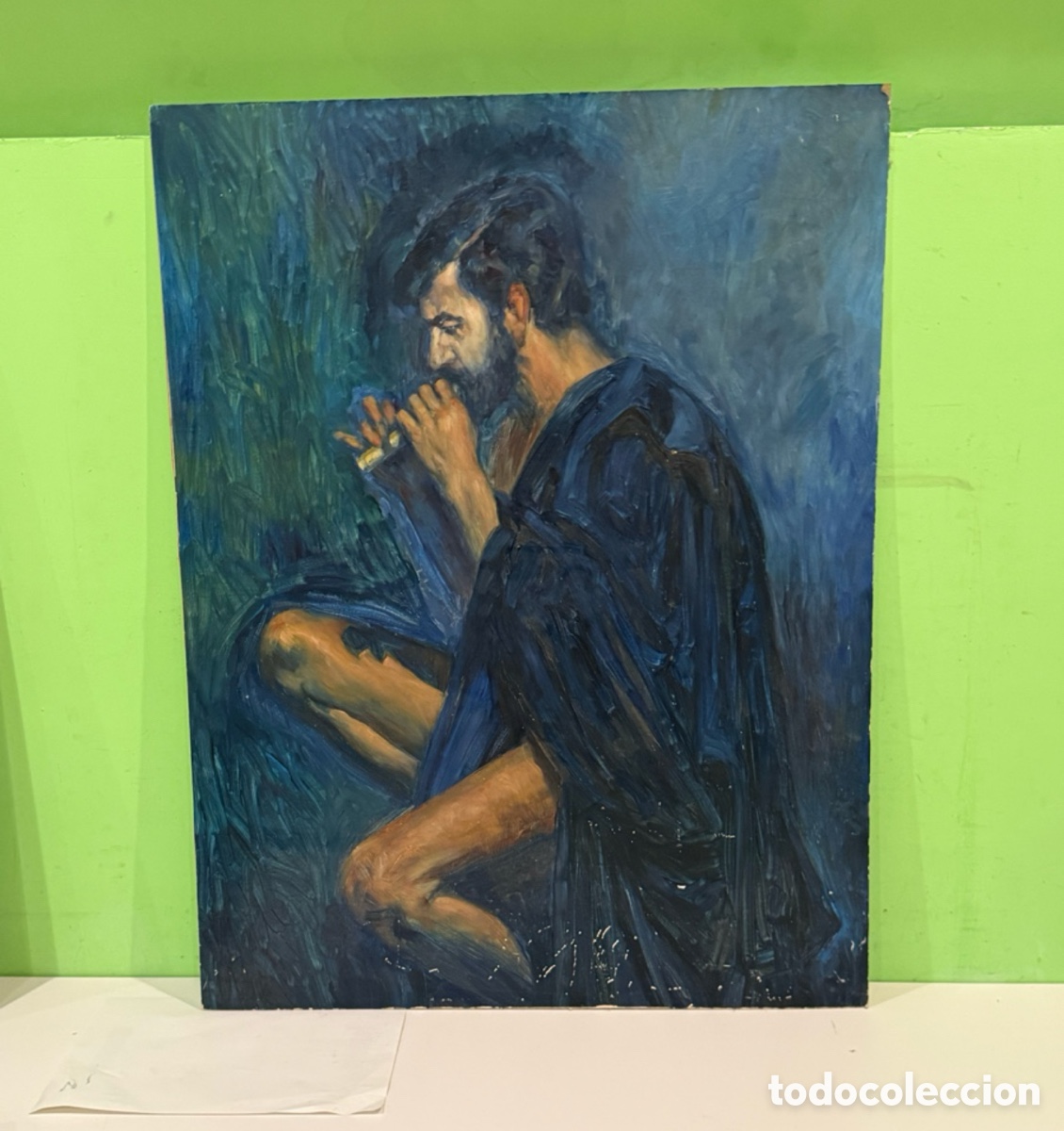 Arte: Carles Prun&eacute;s (1937-2017) Caballero tocando flauta al oasis &ndash; &Oacute;leo sobre t&aacute;blex (84 x 68 cm)