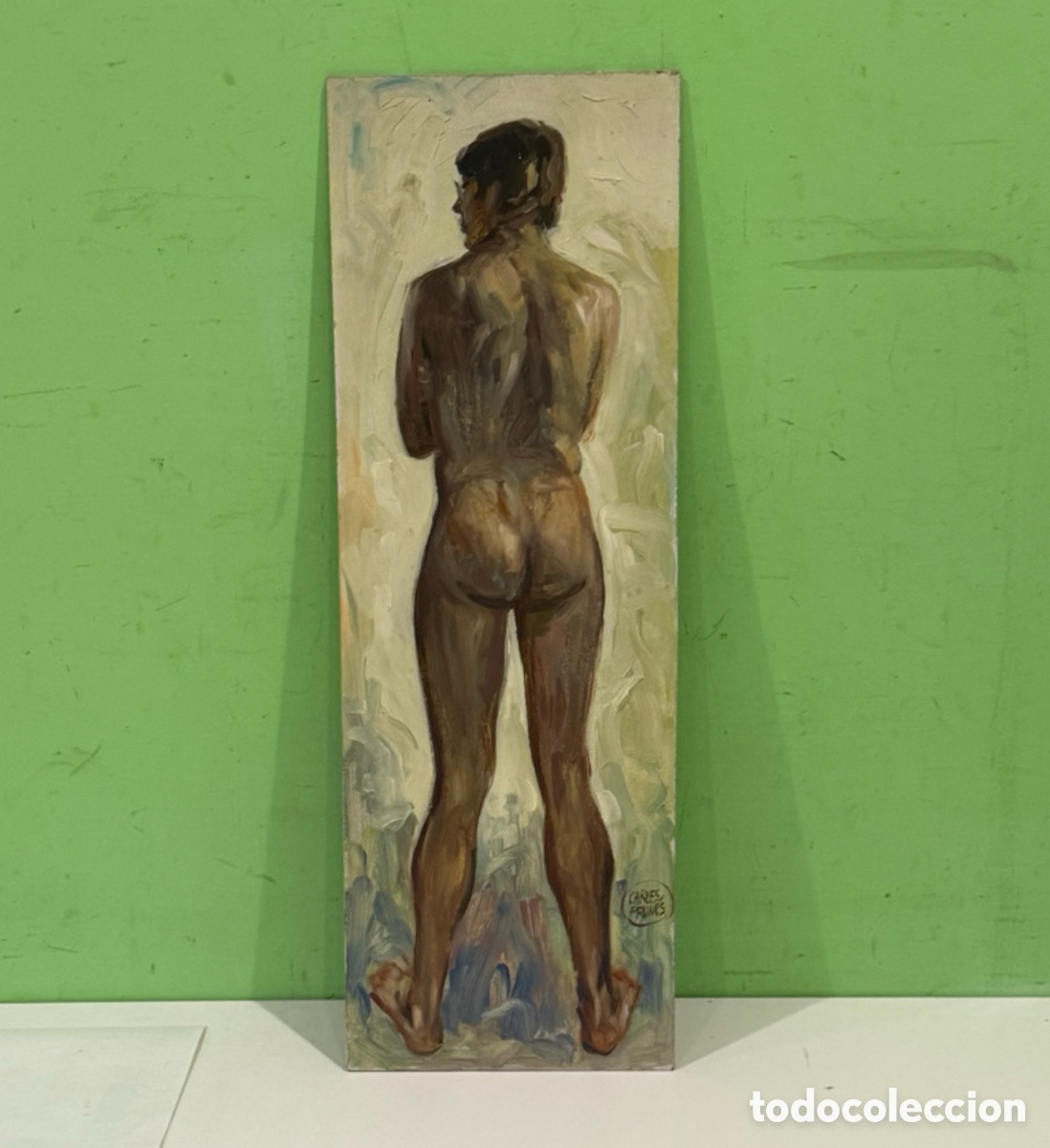 Art: Carles Prun&eacute;s (1937-2017) Desnudo femenino de espaldas firmado &ndash; &Oacute;leo sobre t&aacute;blex (22 x 62 cm)