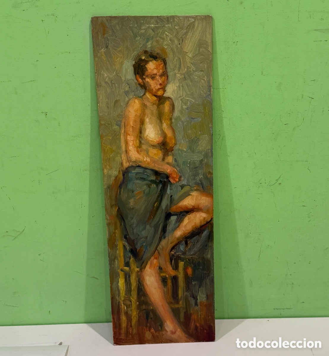 Art: Carles Prun&eacute;s (1937-2017) Desnudo femenino sentado &ndash; &Oacute;leo sobre t&aacute;blex (17 x 53 cm)