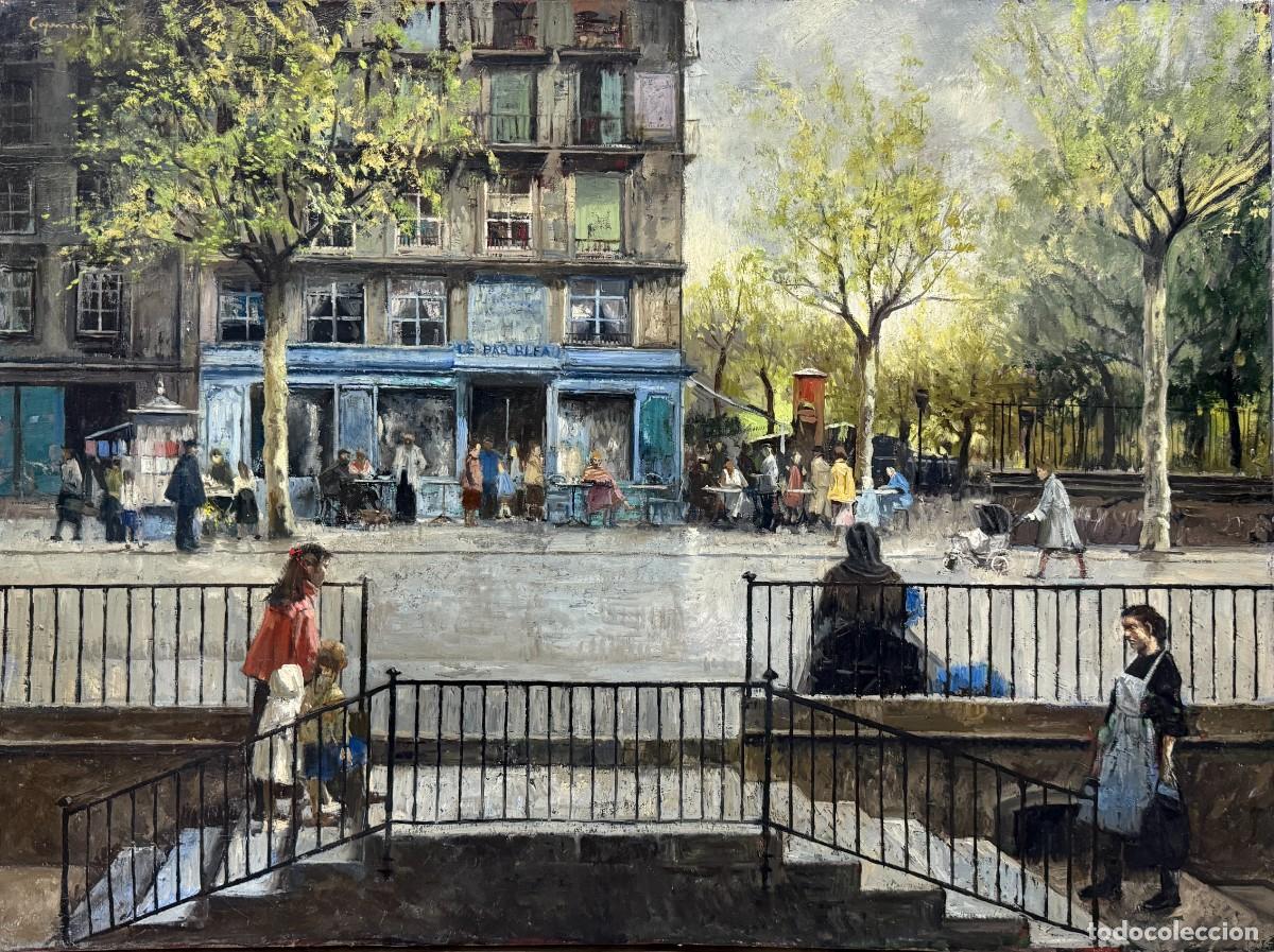 Arte: Ram&oacute;n de Capmany - Escena urbana parisina con caf&eacute; y figuras - &Oacute;leo sobre lienzo