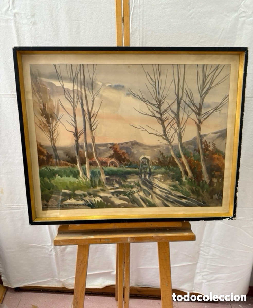 Arte: Acuarela paisaje de Vich. Mariano Brunet Coll (1918-1999). Firmada. Enmarcada.
