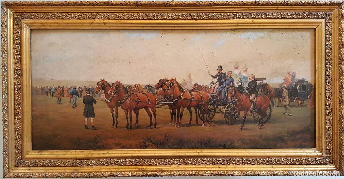 Arte: Cuadro firmado J Cusachs. Pintura &oacute;leo sobre lienzo. &ldquo;Al final de las carreras&rdquo;