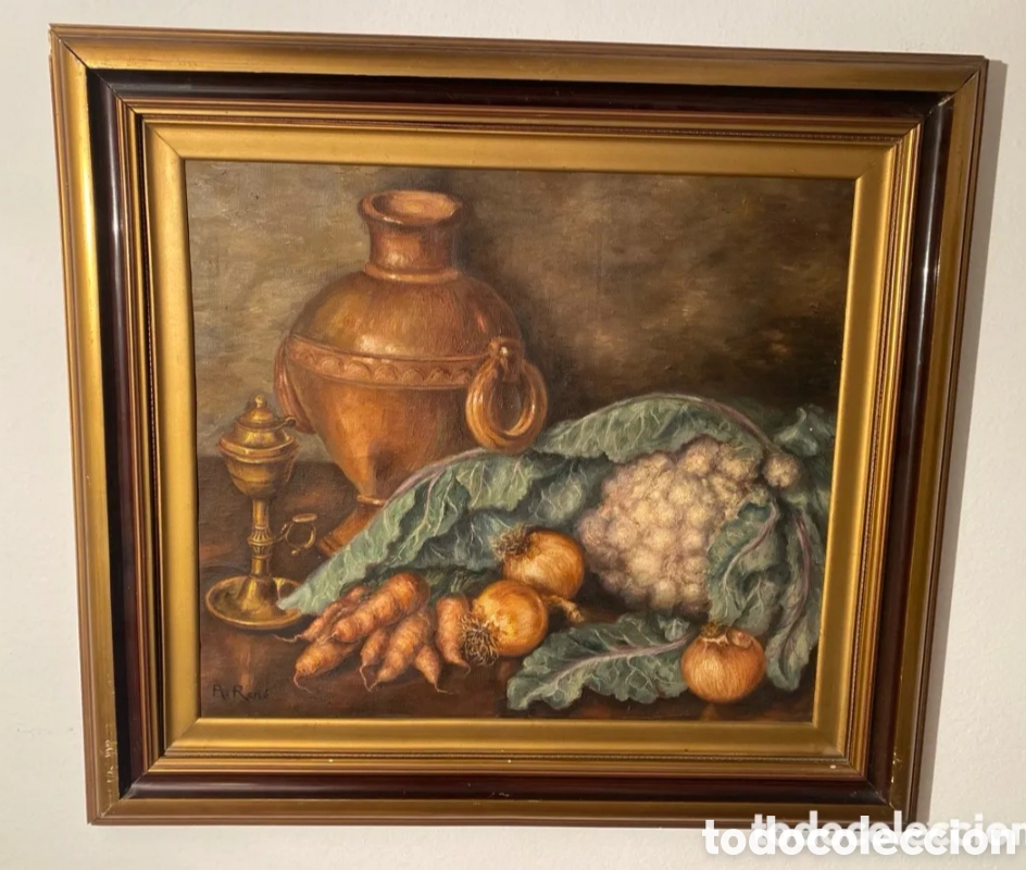 Arte: Bodeg&oacute;n naturaleza muerta arte cl&aacute;sico &oacute;leo enmarcado sobre lienzo firmado A. Re&ntilde;&eacute; 62,5 &times; 56 cm