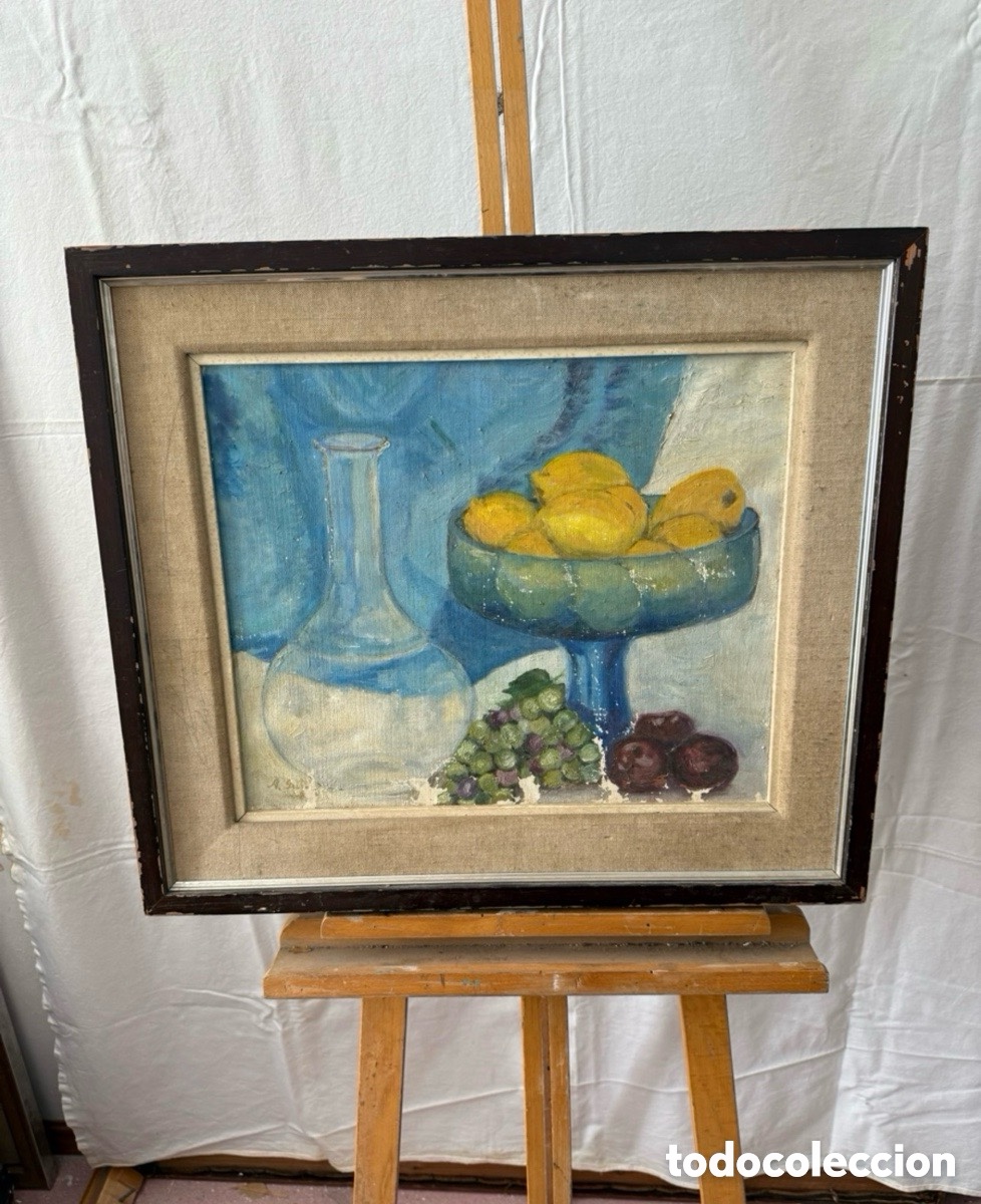 Kunst: &Oacute;leo sobre lienzo bodeg&oacute;n con frutas firmado enmarcado