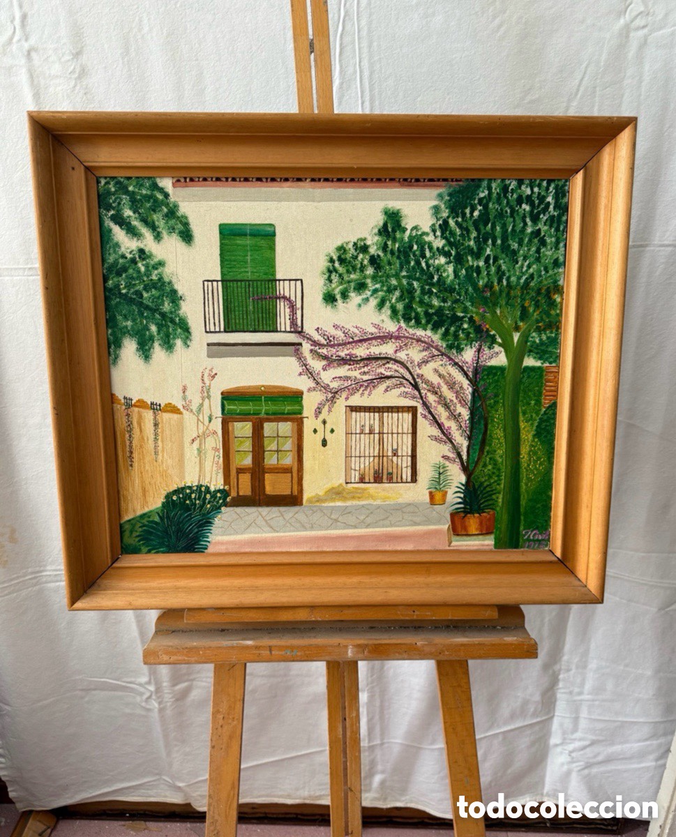 Arte: &Oacute;leo sobre lienzo casa con jard&iacute;n firmado F. Civil 1978