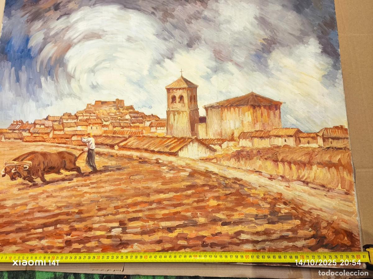 Arte: &Oacute;leo sobre lienzo &ndash; Escena rural castellana con campesino y bueyes &ndash; Siglo XX