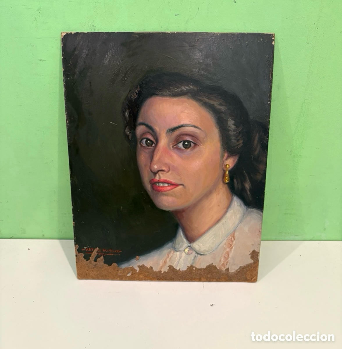 Kunst: Arturo Mart&iacute;nez Cabezas (Valencia 1899) retrato femenino &oacute;leo sobre tablex firmado pintura original.