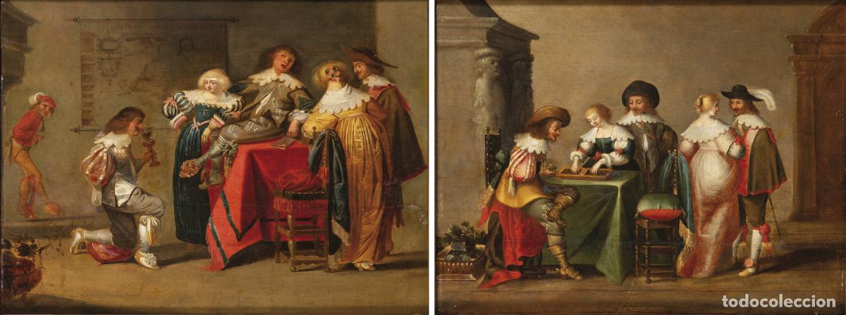 Arte: Dos escenas de taberna pareja de &oacute;leo sobre tabla c&iacute;rculo Chirstoph Jacobz Van del Lamen siglo XVII