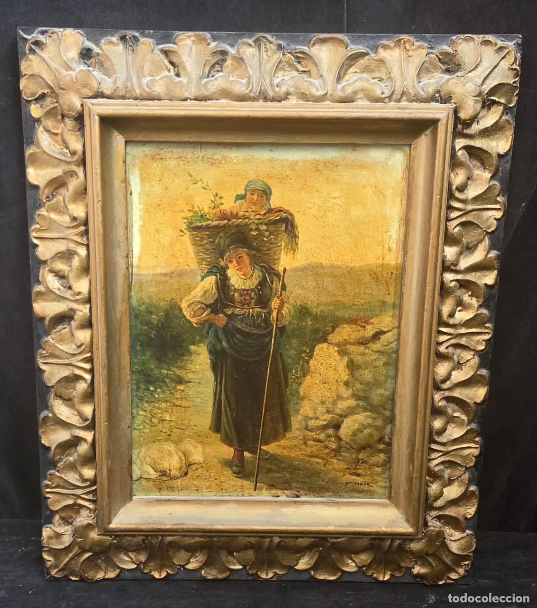 Arte: Cuadro Antiguo &rdquo;De Moor&rdquo; &ndash; Escena Costumbrista con Mujer y Ni&ntilde;o &ndash; &Oacute;leo sobre Tabla &ndash; Enmarcado