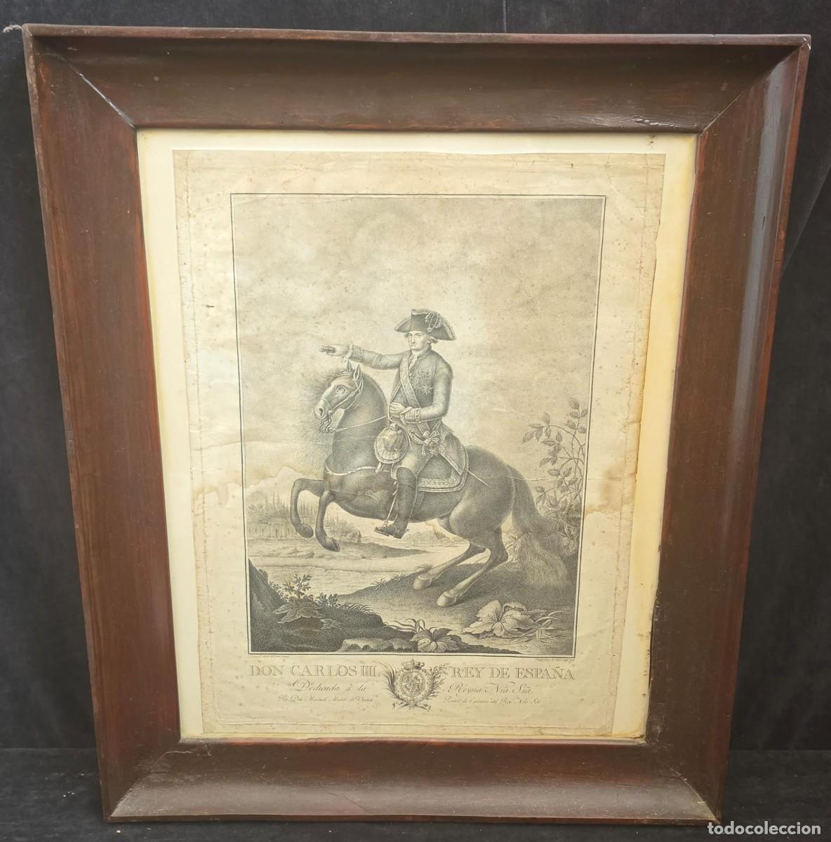 Arte: Grabado Antiguo de Don Carlos III Rey de Espa&ntilde;a a Caballo &ndash; Retrato Ecuestre &ndash; Enmarcado &ndash; 64 &times; 53