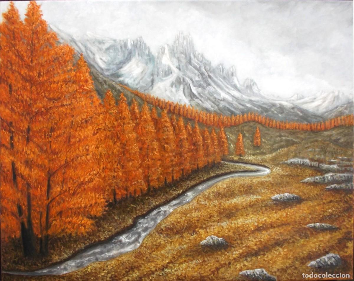 Arte: Paisaje de monta&ntilde;a con l&iacute;nea de alerces, &oacute;leo 100 x 81 cm - Yolanda Molina Bra&ntilde;as - Certificado