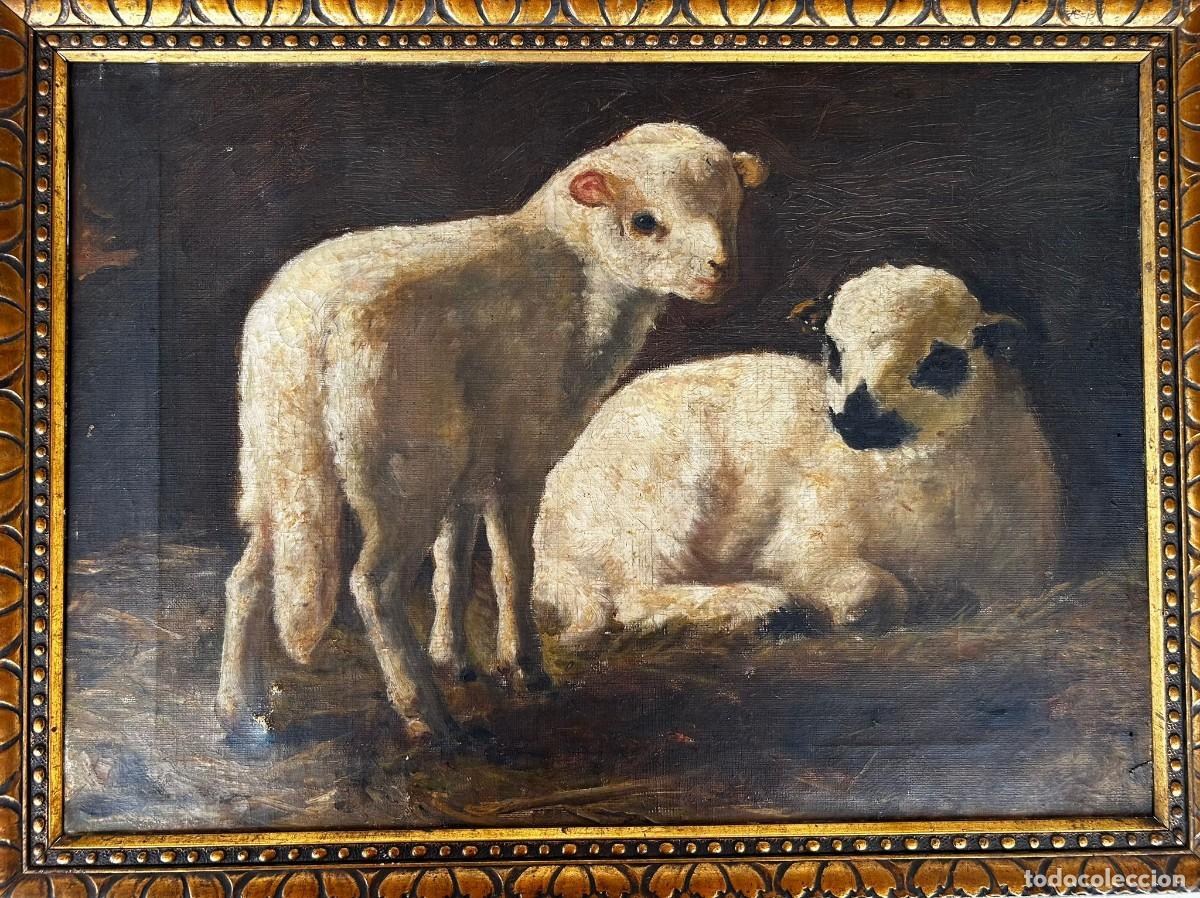 Arte: Federico JIM&Eacute;NEZ FERN&Aacute;NDEZ (1841-1910) &rdquo;Corderos en el establo&rdquo; - &Oacute;leo Original Pintor museo prado