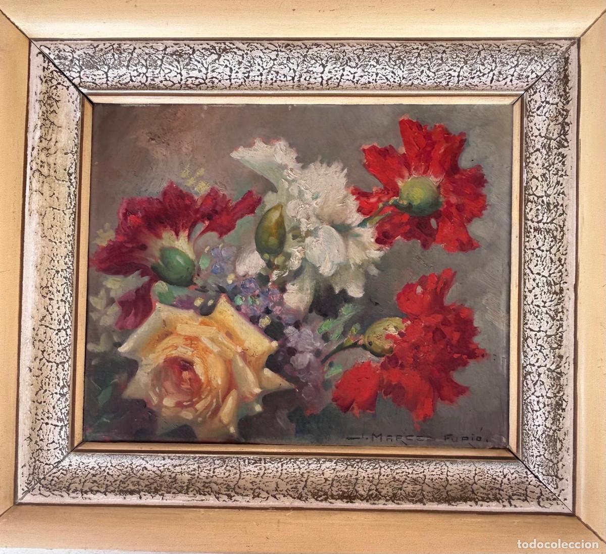 Arte: Cuadro Antiguo de Flores - Pintor J. Marced Furi&oacute; - &Oacute;leo Original Enmarcado