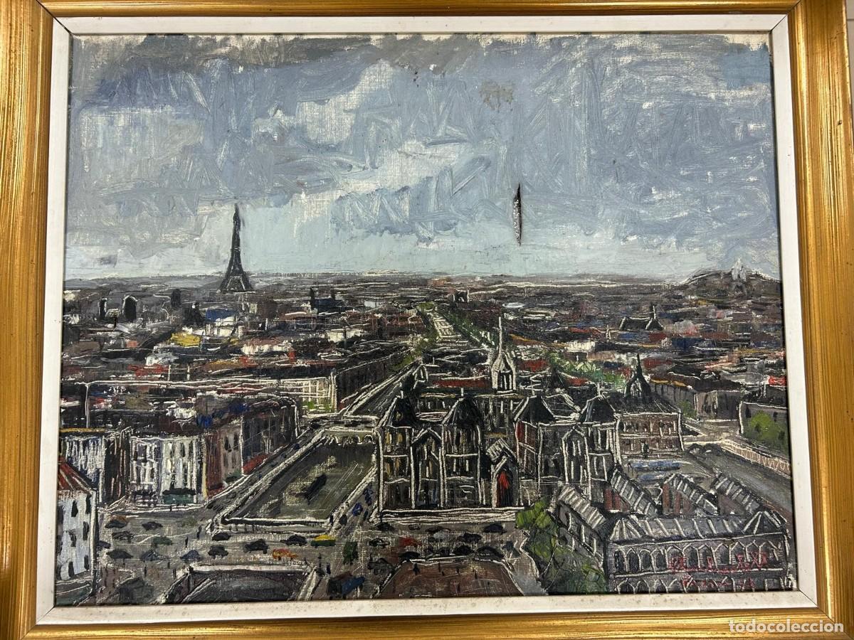 Arte: &Oacute;leo sobre Lienzo - Panor&aacute;mica de Par&iacute;s (Torre Eiffel y Montmartre) - &Eacute;poca Pesetas