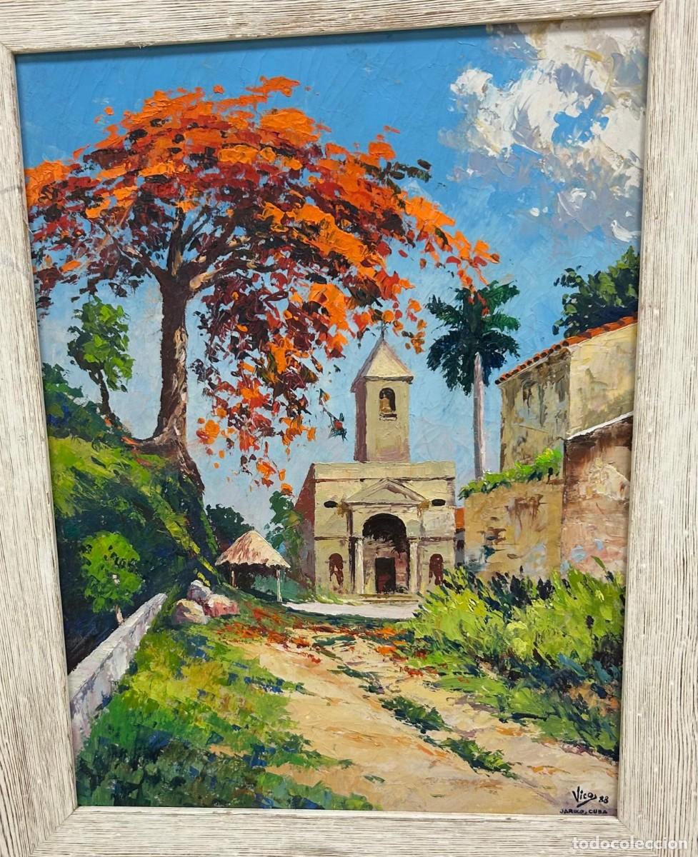 Arte: Espl&eacute;ndido &Oacute;leo Original de Escuela Cubana (1988) &ndash; Paisaje de Jaruco con Flamboy&aacute;n