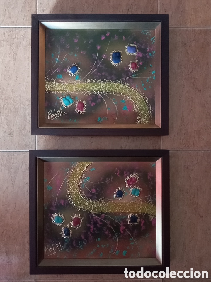 Arte: BONITA PAREJA DE CUADROS COLORES VIVOS Y COLOR ORO DORADO