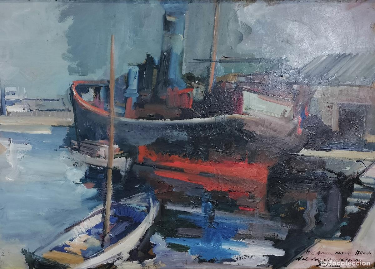 Arte: VISTA DE UN EMBARCADERO. JOAN SERRA I MELGOSA. &Oacute;LEO SOBRE CART&Oacute;N. SIGLO XX.