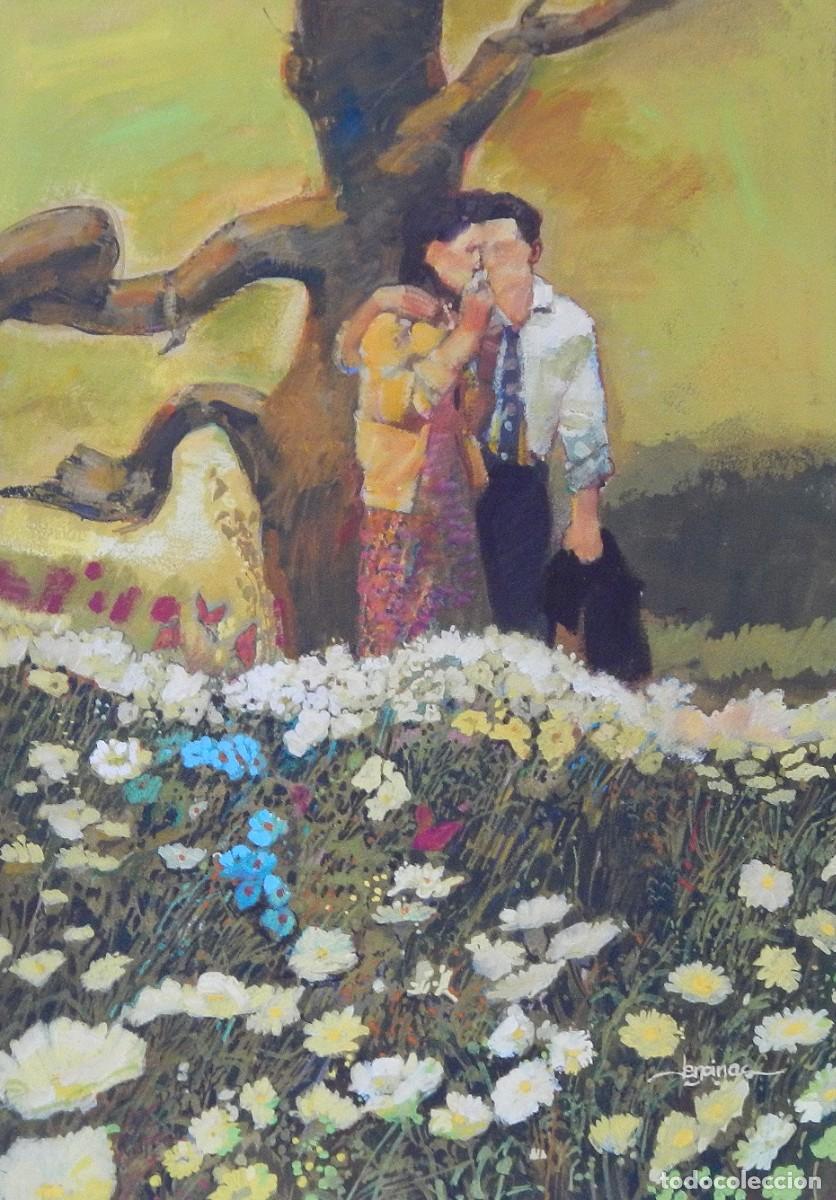 Arte: Carlos Enrique Lencinas G&oacute;mez. &Oacute;leo sobre tabla. &rdquo;Pareja de enamorados y flores&rdquo;. Firmada a mano.