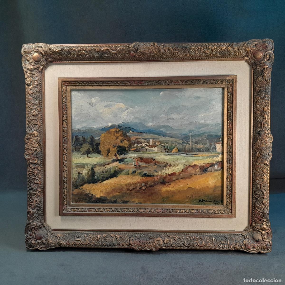 Arte: B-1937. &Oacute;LEO SOBRE LIENZO PAISAJE CON FIGURAS Y POBLACI&Oacute;N DE JOAQU&Iacute;N MARSILLACH CODONY. A&Ntilde;O 1936