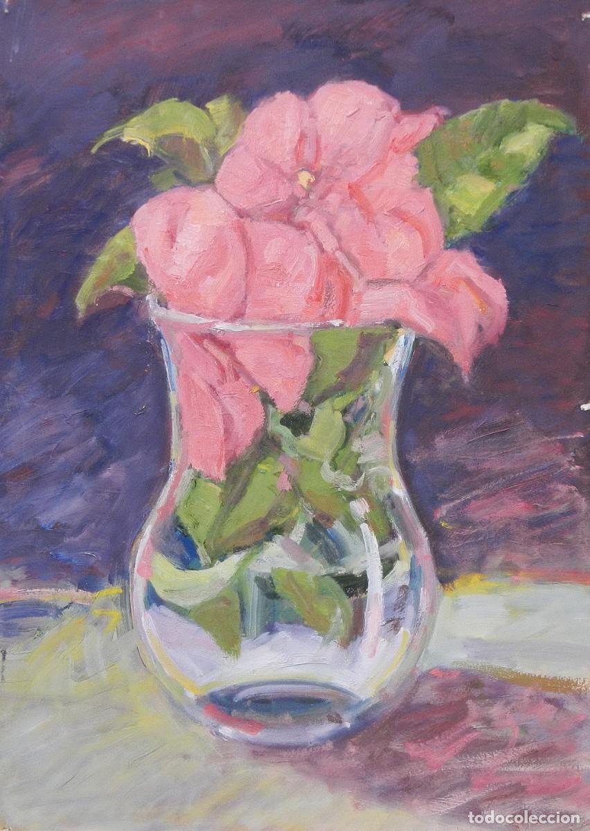 Arte: Carlos Enrique Lencinas G&oacute;mez. &Oacute;leo sobre cart&oacute;n. &rdquo;Jarron de cristal con flores&rdquo;. Sin firmar.