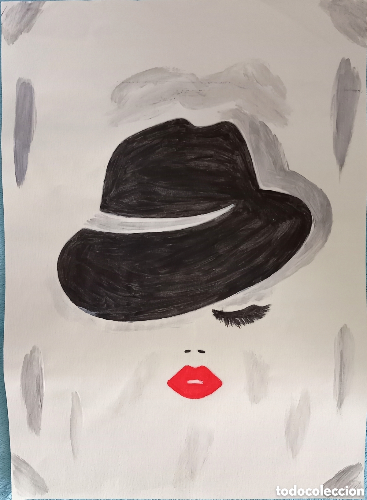Art: Original pintura mujer con sombrero trazos (14) (t&eacute;cnica mixta) acuarela y acr&iacute;lico sobre papel 29,2