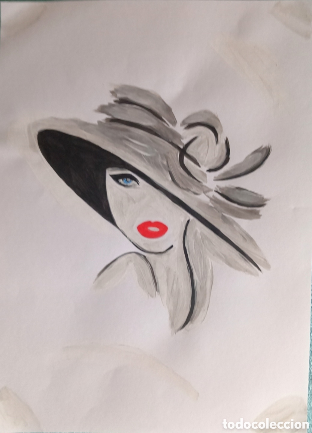 Arte: Original pintura Mujer con sombrero (13) (t&eacute;cnica mixta) acuarela y acr&iacute;lico sobre papel 30,5cm x 21