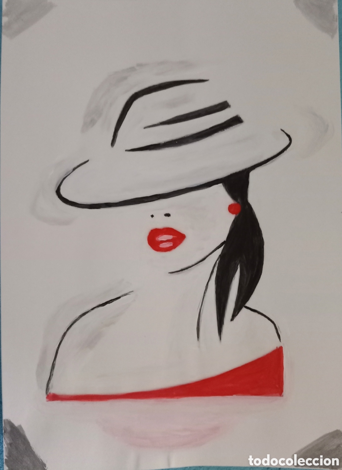 Arte: Original pintura mujer con sombrero trazos (18) acuarela sobre papel doble 29,6cm x 21cm. Muy bonita