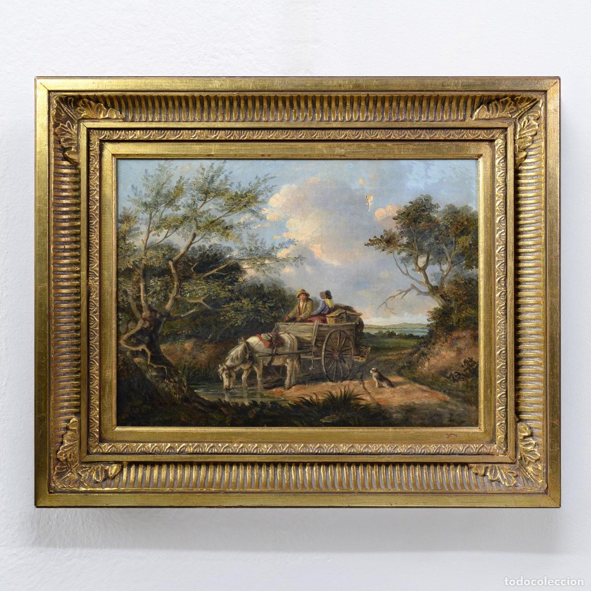 Arte: 19th Century British Pastoral Horse Cart Watering Scene Oil Canvas Framed Signed