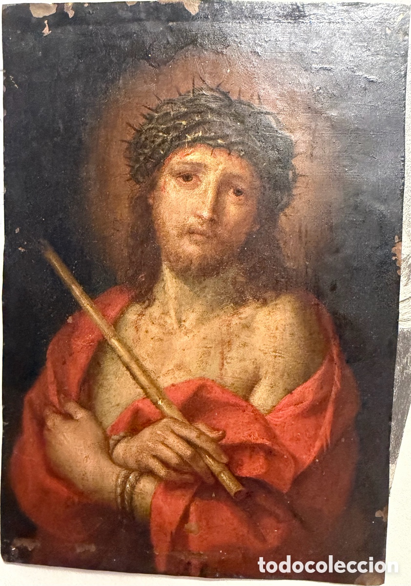 Arte: Ecce Homo. &Oacute;leo sobre cobre. Firmado (ilegible). Escuela italiana. Siglo XVII.
