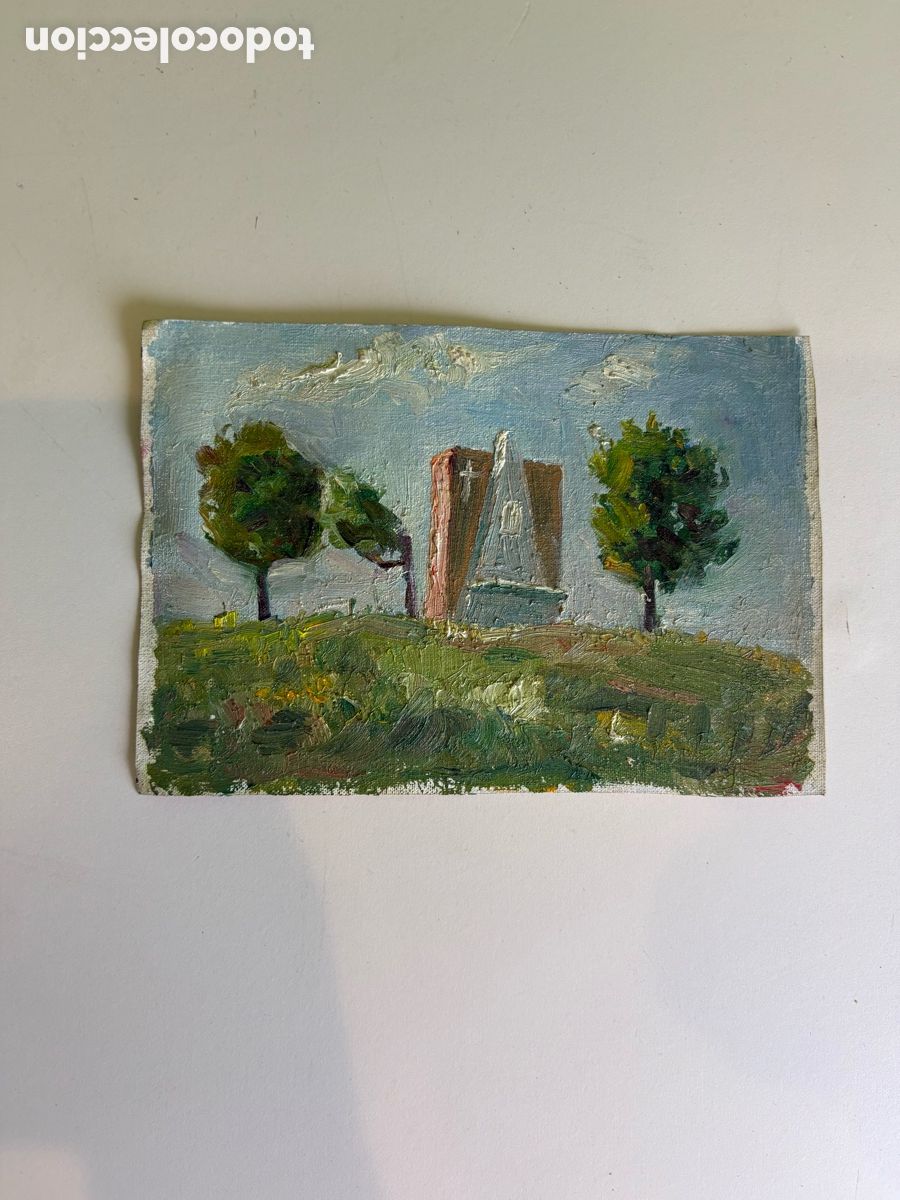 Arte: Arturo Mart&iacute;nez Cabezas &oacute;leo sobre lienzo paisaje con ermita y &aacute;rboles pintura original