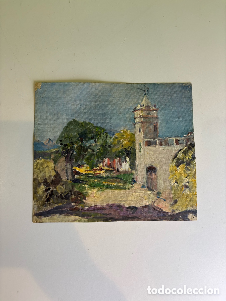 Kunst: Arturo Mart&iacute;nez Cabezas1899 &Oacute;leo sobre lienzo,paisaje con torre y arquitectura mediterr&aacute;nea firmado