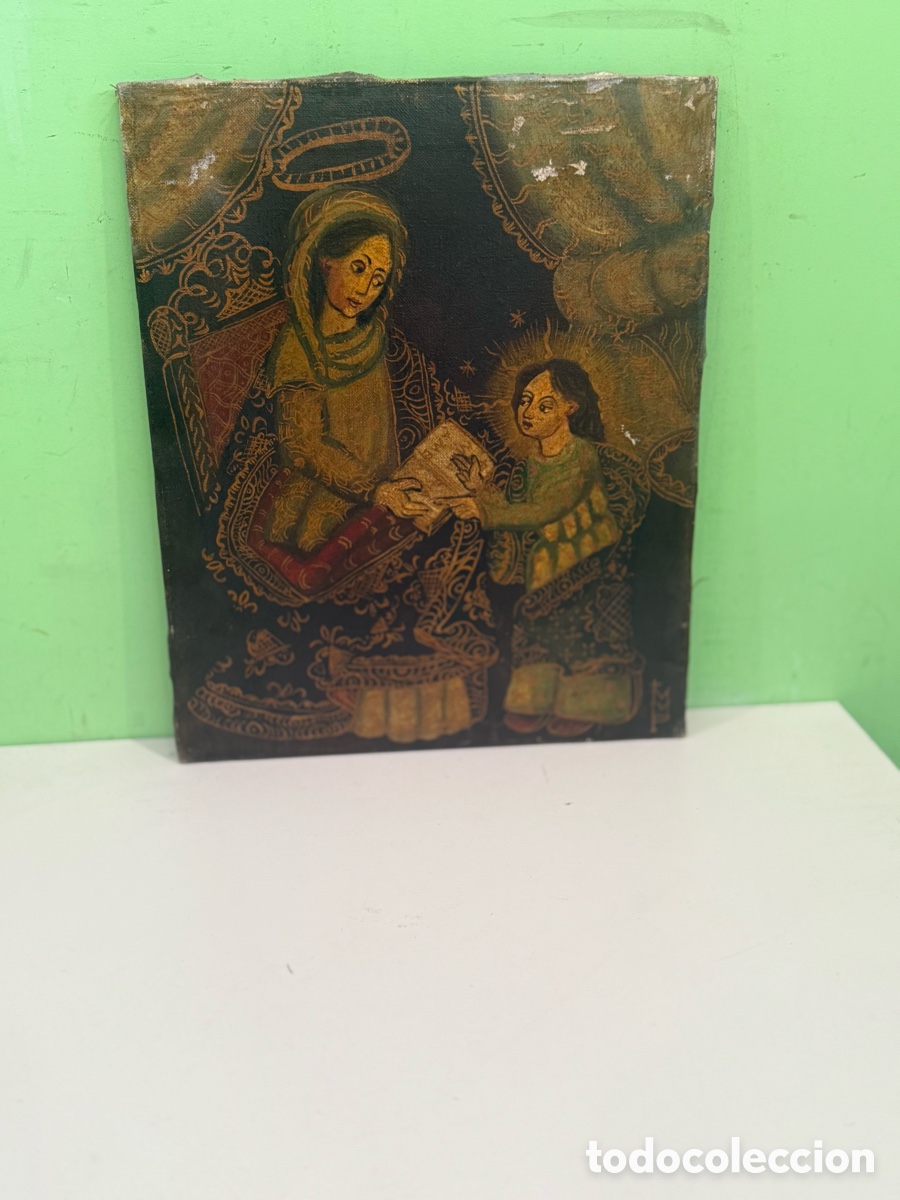 Arte: Escuela colonial, siglos XVIII-XIX &ndash; Virgen Mar&iacute;a ense&ntilde;ando al Ni&ntilde;o Jes&uacute;s &ndash; &Oacute;leo sobre lienzo