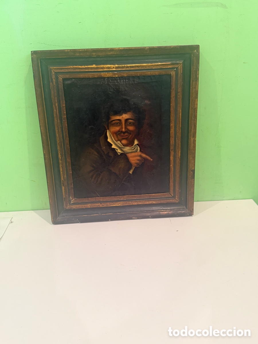 Arte: &Oacute;leo sobre lienzo &ndash; Retrato costumbrista de caballero sonriente, finales del siglo XIX (25 x 30 cm)