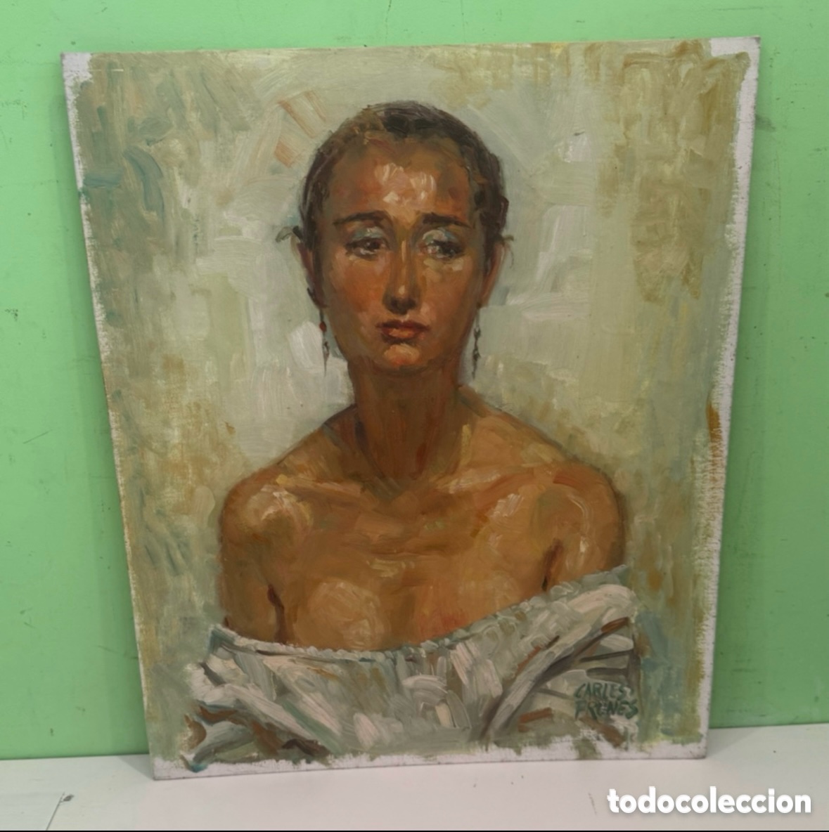 Kunst: Carles Prun&eacute;s (1937-2017) &Oacute;leo sobre tablex - Retrato femenino firmado (50 x 45 cm)