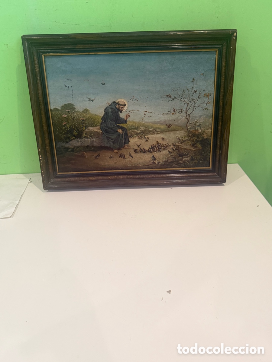 Arte: &Oacute;leo sobre lienzo firmado &ndash; San Francisco de As&iacute;s con los p&aacute;jaros. Siglo XIX (40 &times; 53 cm)