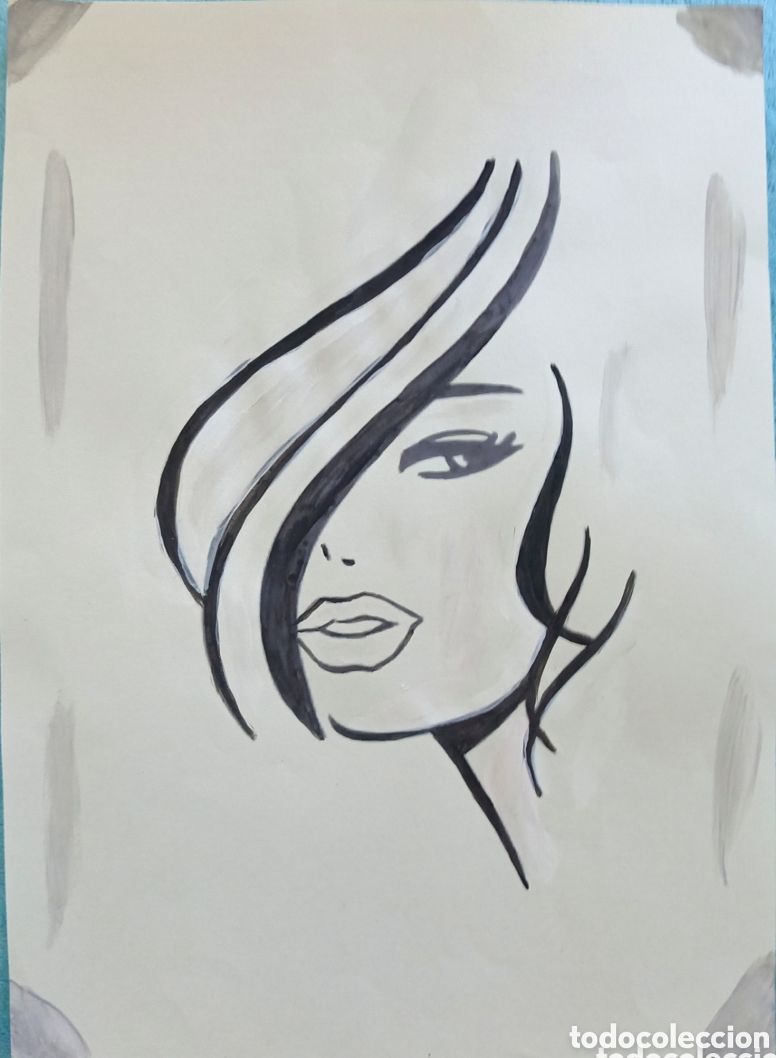 Kunst: Original pintura mujer con flequillo trazos (8) (t&eacute;cnica mixta) acuarela y acr&iacute;lico sobre papel 30,5