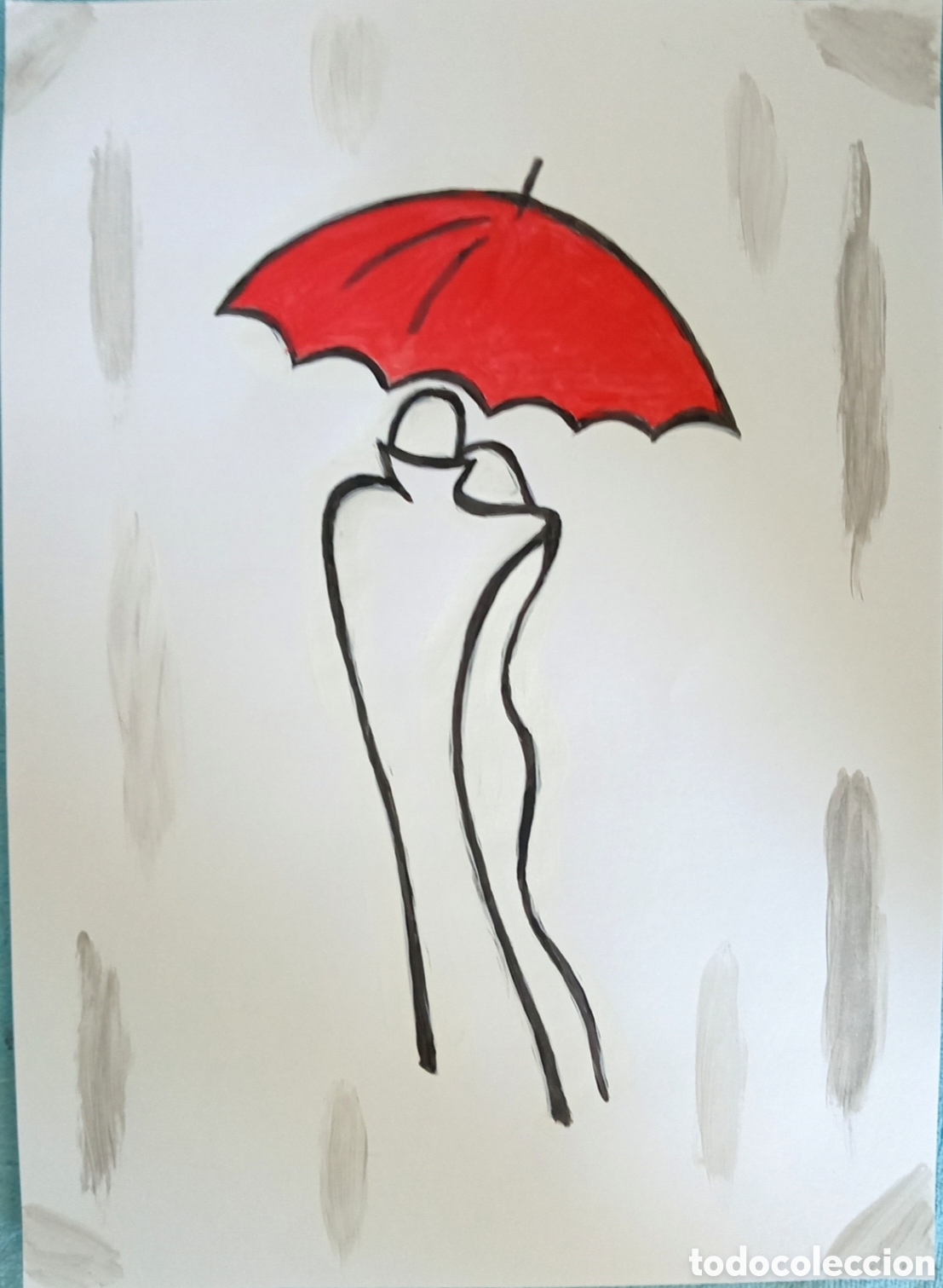 Arte: Original pintura pareja con paraguas (1) (t&eacute;cnica mixta) acuarela y acr&iacute;lico sobre cartulina 30,3cm