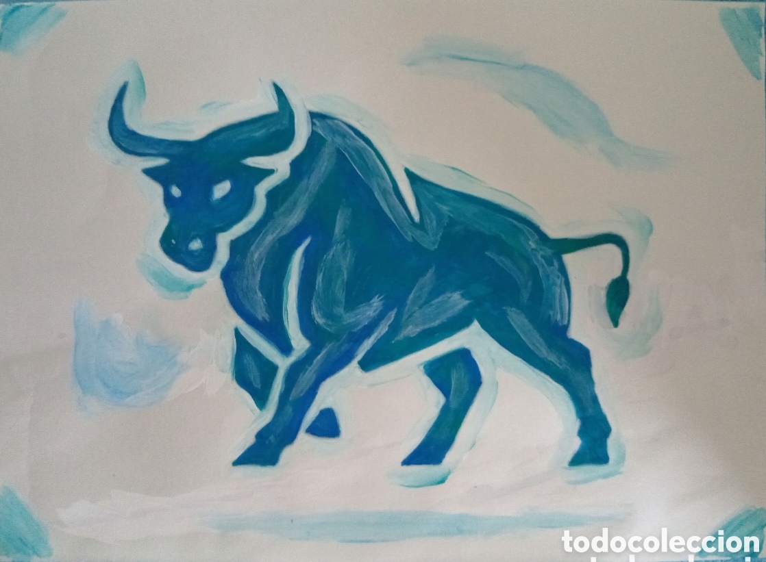 Arte: Original pintura Toro cian trazos (17) (t&eacute;cnica mixta) acuarela y acr&iacute;lico sobre papel 30,5cm x 21,5