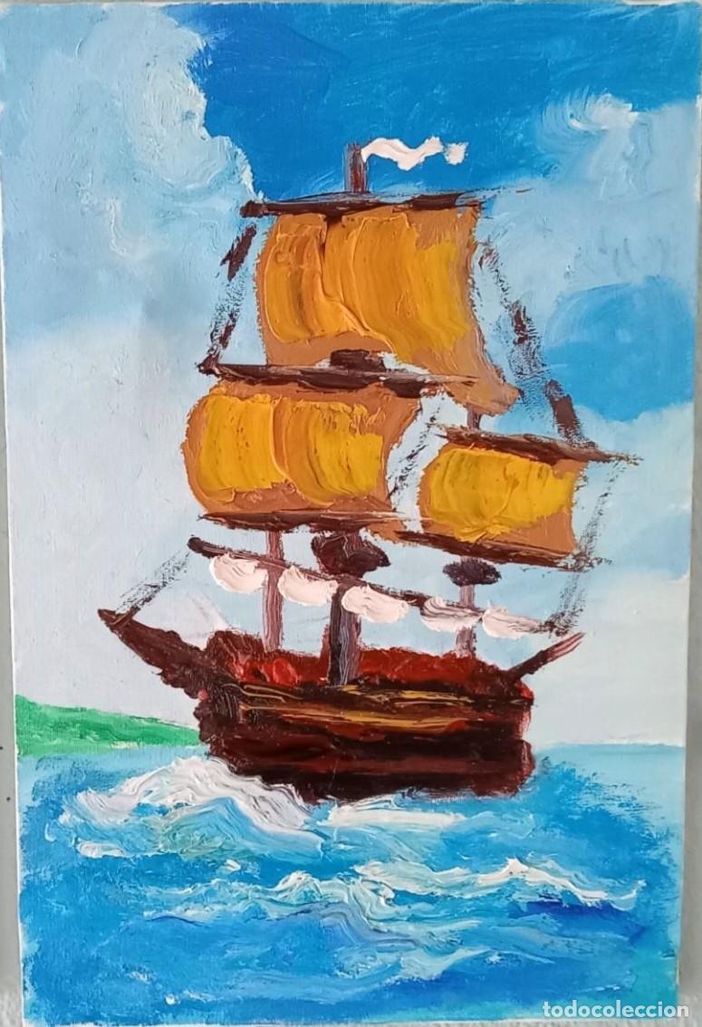 Kunst: Peque&ntilde;a pintura &Oacute;leo sobre lienzo. Barco en d&iacute;as claros. 33cm x 22cm muy bonita