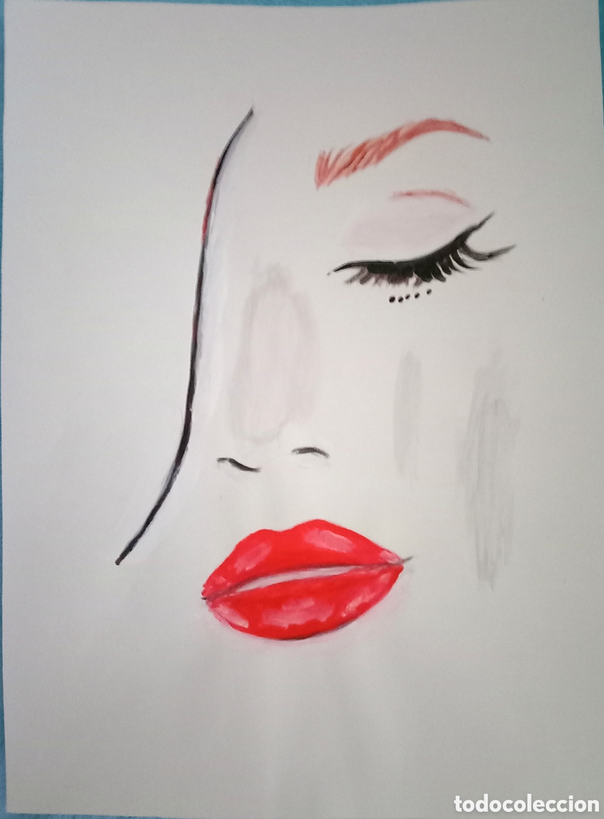 Arte: Original pintura cara rasgos (5) (t&eacute;cnica mixta) acuarela y acr&iacute;lico sobre papel 29,5cm x 22cm. Muy