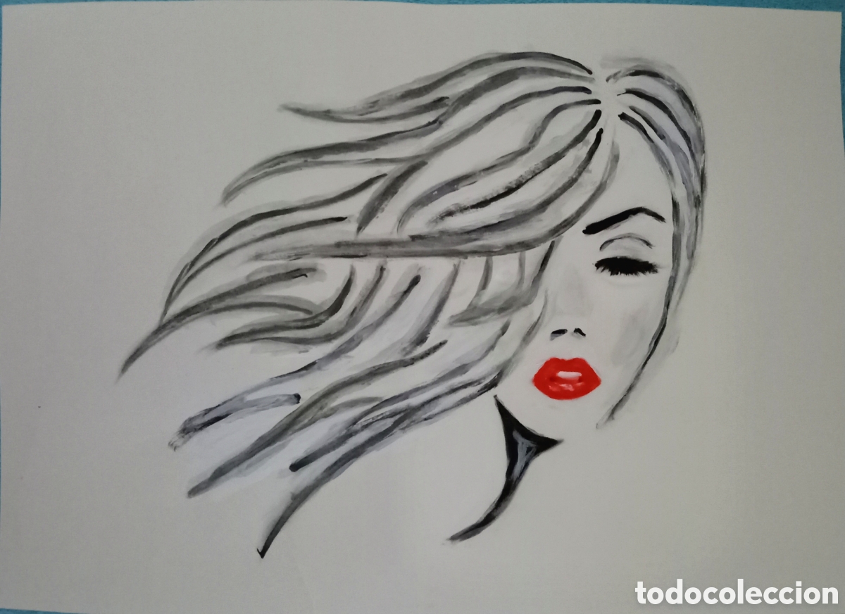 Art: Original pintura mujer con flequillo trazos (9) (t&eacute;cnica mixta) acuarela y acr&iacute;lico sobre papel 34cm
