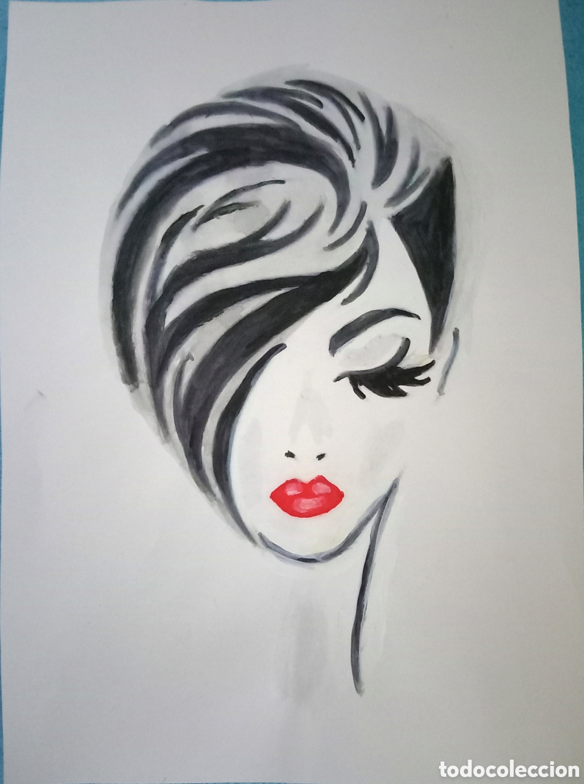 Arte: Original pintura mujer con flequillo trazos (10) (t&eacute;cnica mixta) acuarela y acr&iacute;lico sobre papel 34c