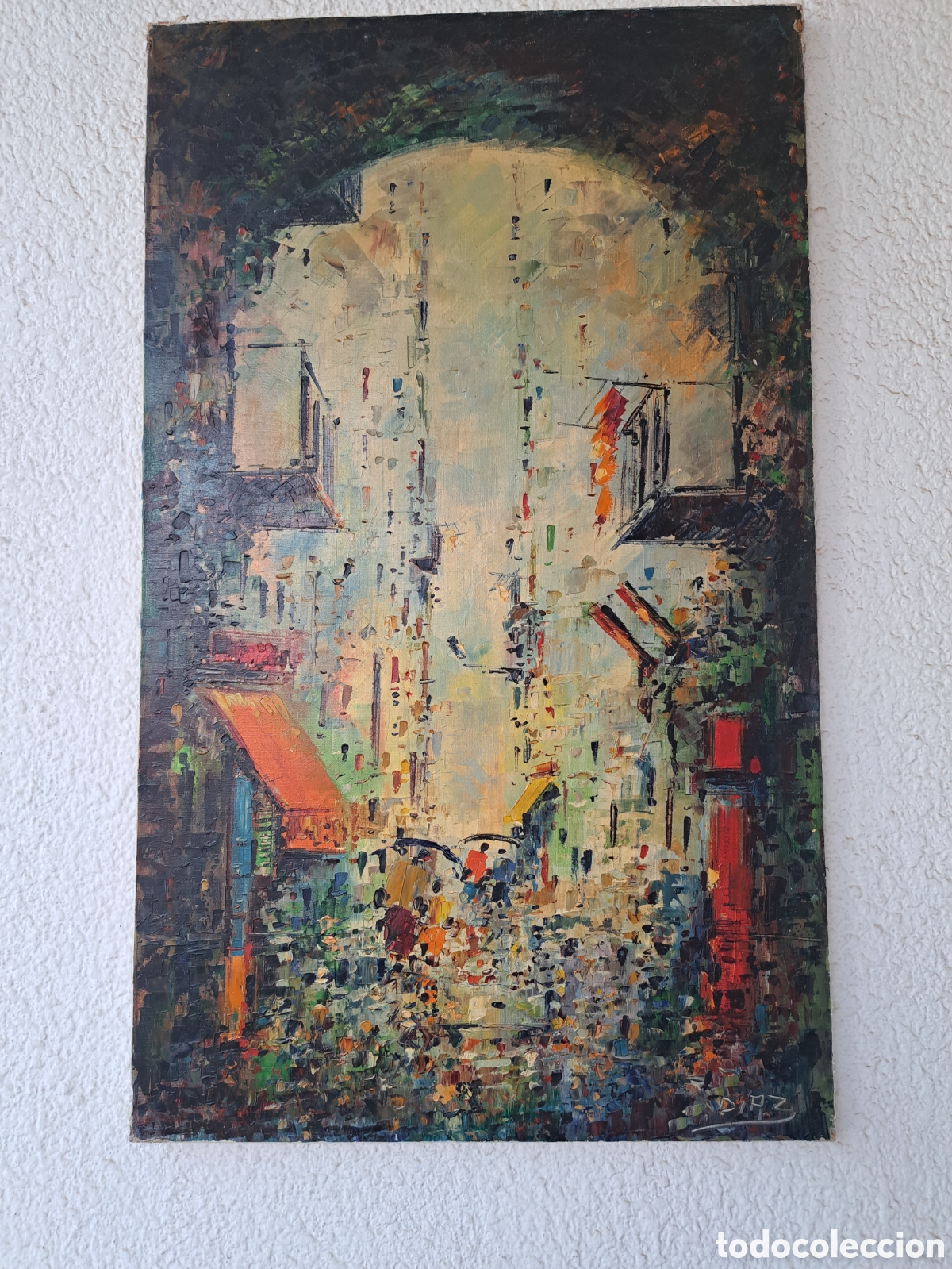 Arte: &Oacute;leo en bastidor, firmado por Diaz, reprentando una calle de Marbella.